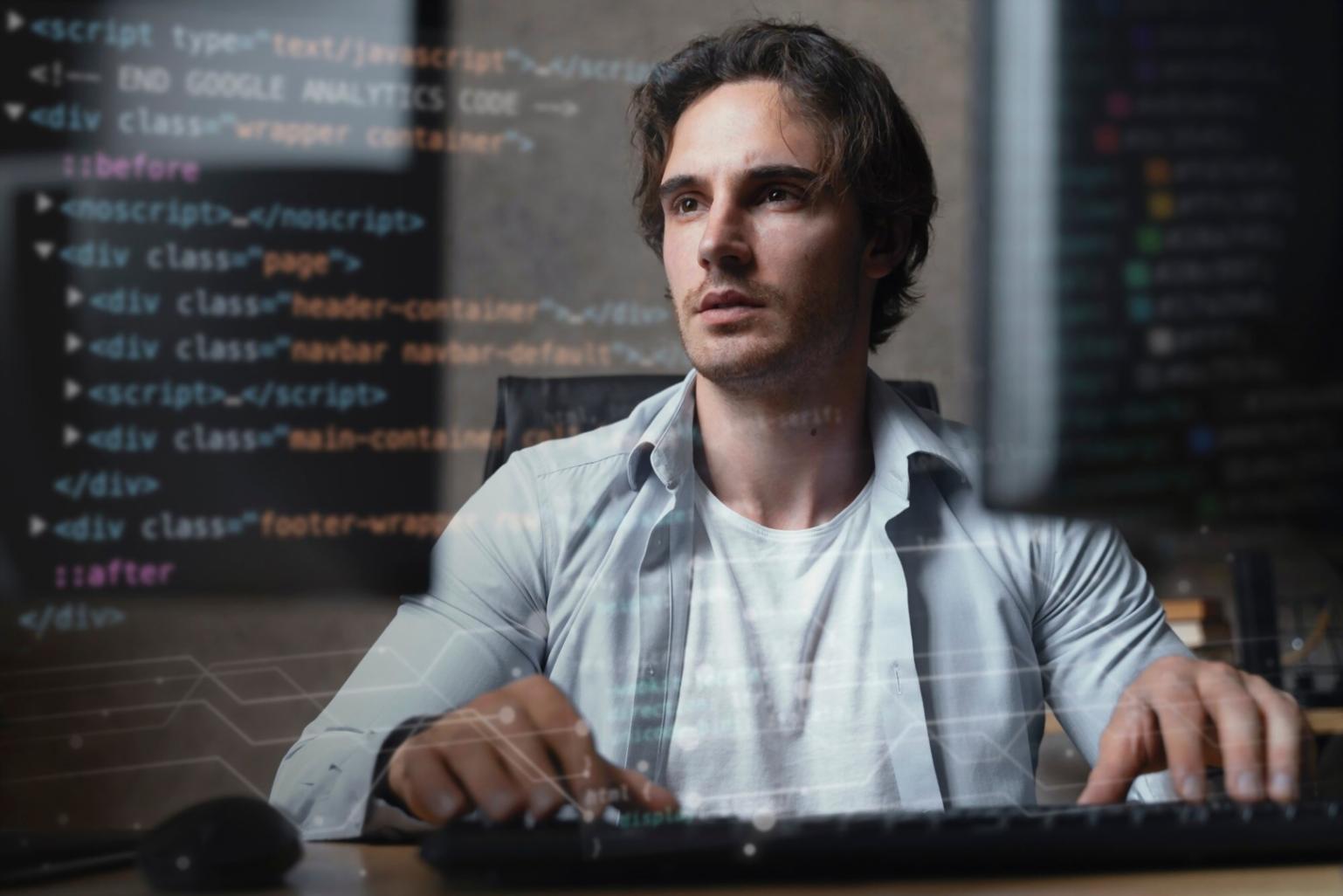 Workspace con monitor multipli che mostrano grafici di performance AI e metriche di monitoraggio